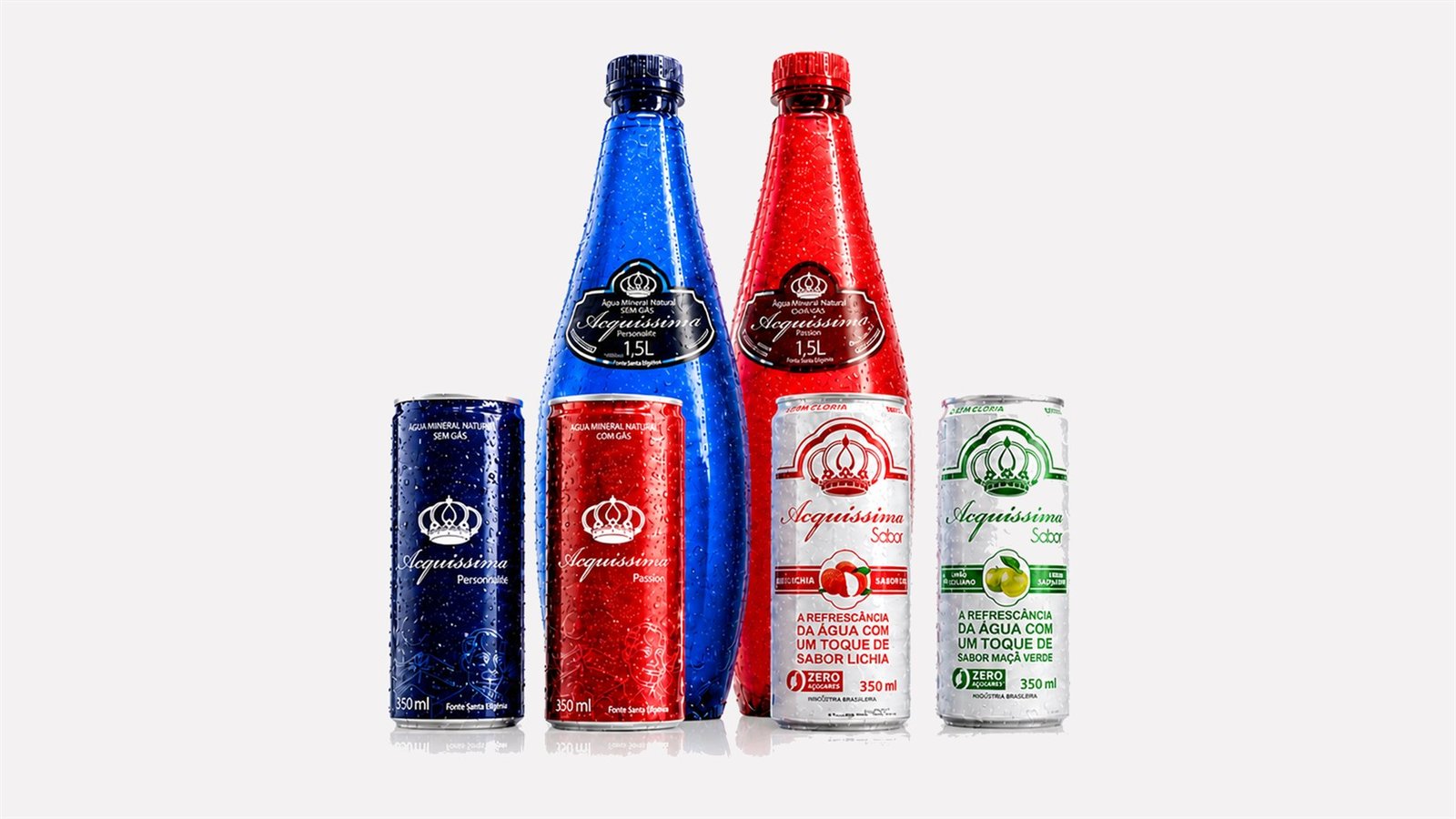 Linha Acquíssima: garrafas de 1,5 L com e sem gás e latas de 350 ml, incluindo os sabores lichia e maçã verde